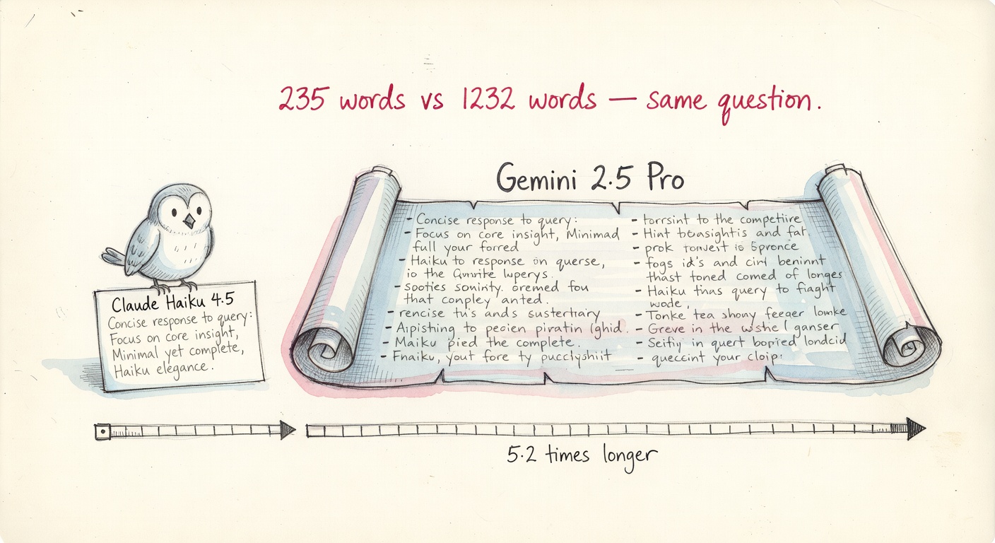A small bird sketch holding an index card labeled 'Claude Haiku 4.5' with four lines of tight handwriting. Next to it, a giant unfurled scroll labeled 'Gemini 2.5 Pro' covered in bullet points, twelve times longer. A doodled measuring tape stretched between them: '5.2 times longer'.