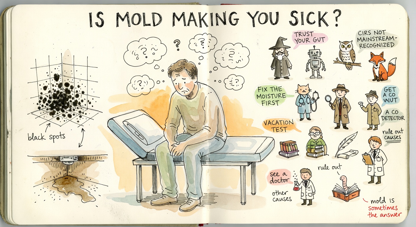 A sketchbook spread titled 'IS MOLD MAKING YOU SICK?' with a worried patient on an exam table, a moldy bathroom corner, a damp basement, and a circle of twelve sketched AI advisors arguing in speech bubbles: TRUST YOUR GUT, CIRS NOT MAINSTREAM-RECOGNIZED, FIX THE MOISTURE FIRST, GET A CO DETECTOR, VACATION TEST.