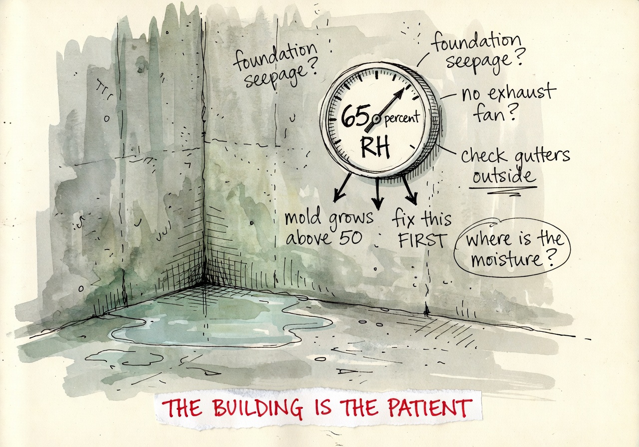 A damp basement corner with a hand-drawn circular hygrometer pointing to '65% RH'. Annotations: mold grows above 50, fix this FIRST. A red banner labeled 'THE BUILDING IS THE PATIENT'.