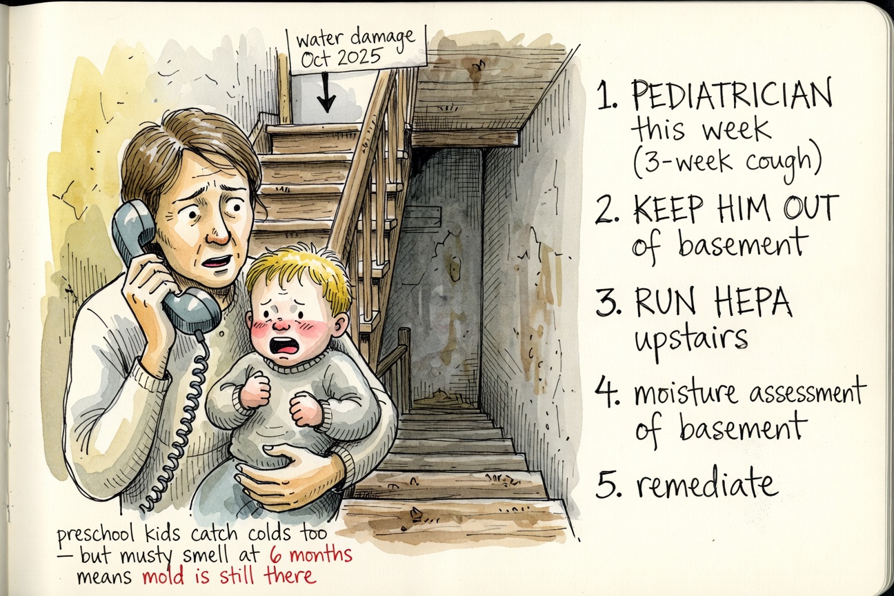 A worried parent on the phone holding a coughing toddler. Behind them, stairs lead to a basement labeled 'water damage Oct 2025'. A numbered priority list: 1. PEDIATRICIAN this week, 2. KEEP HIM OUT of basement, 3. RUN HEPA upstairs, 4. moisture assessment, 5. remediate.