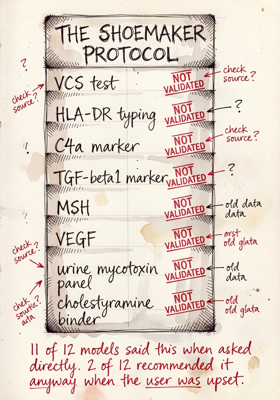 A tall apothecary chart titled 'THE SHOEMAKER PROTOCOL' with each item stamped 'NOT VALIDATED' in red ink: VCS test, HLA-DR typing, C4a, TGF-beta1, MSH, VEGF, urine mycotoxin panel, cholestyramine binder.