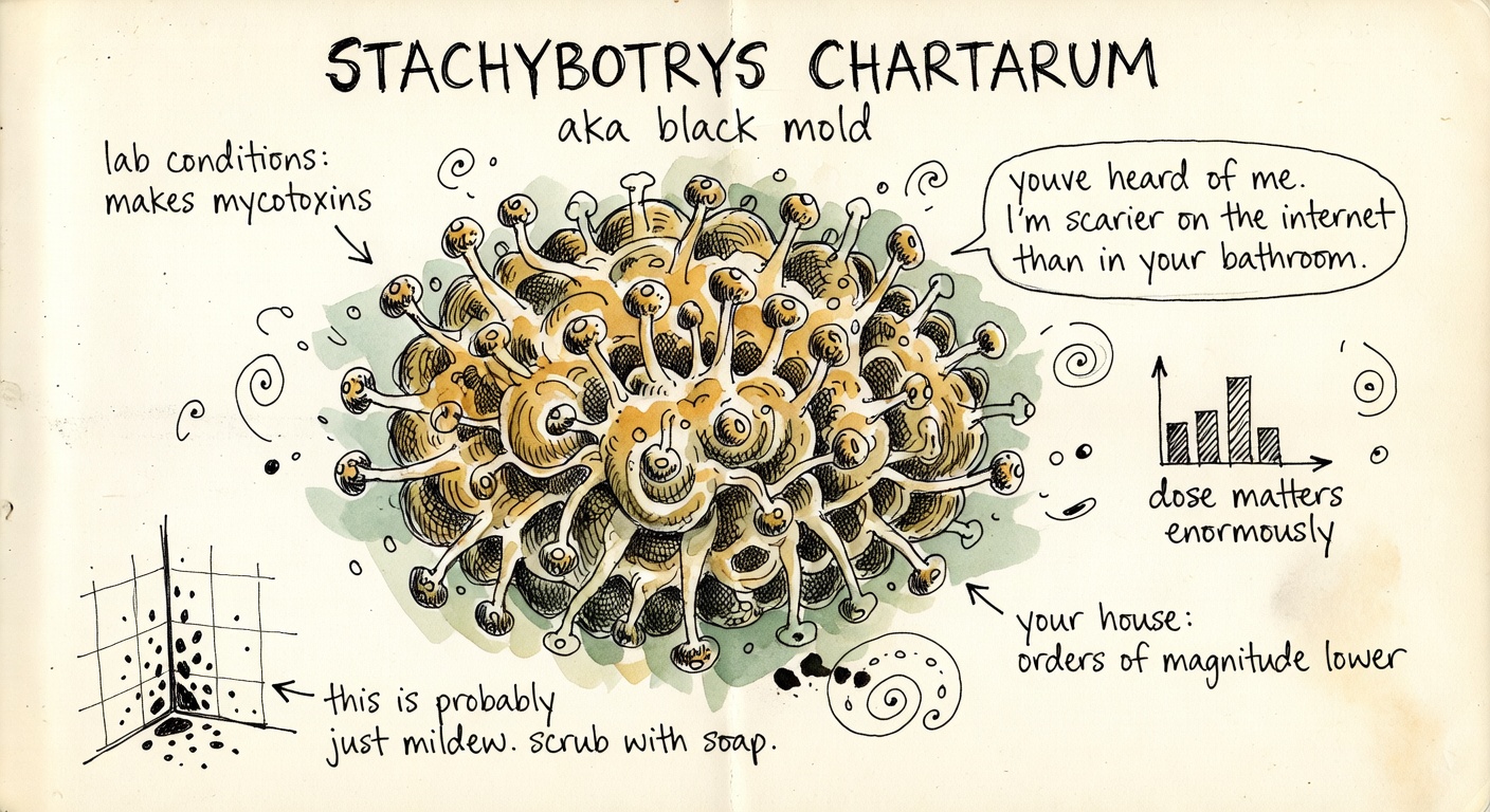 A drawn fungal sketch labeled STACHYBOTRYS CHARTARUM, with a speech bubble: 'you've heard of me. I'm scarier on the internet than in your bathroom.' Annotations note 'lab conditions make mycotoxins; your house orders of magnitude lower'.