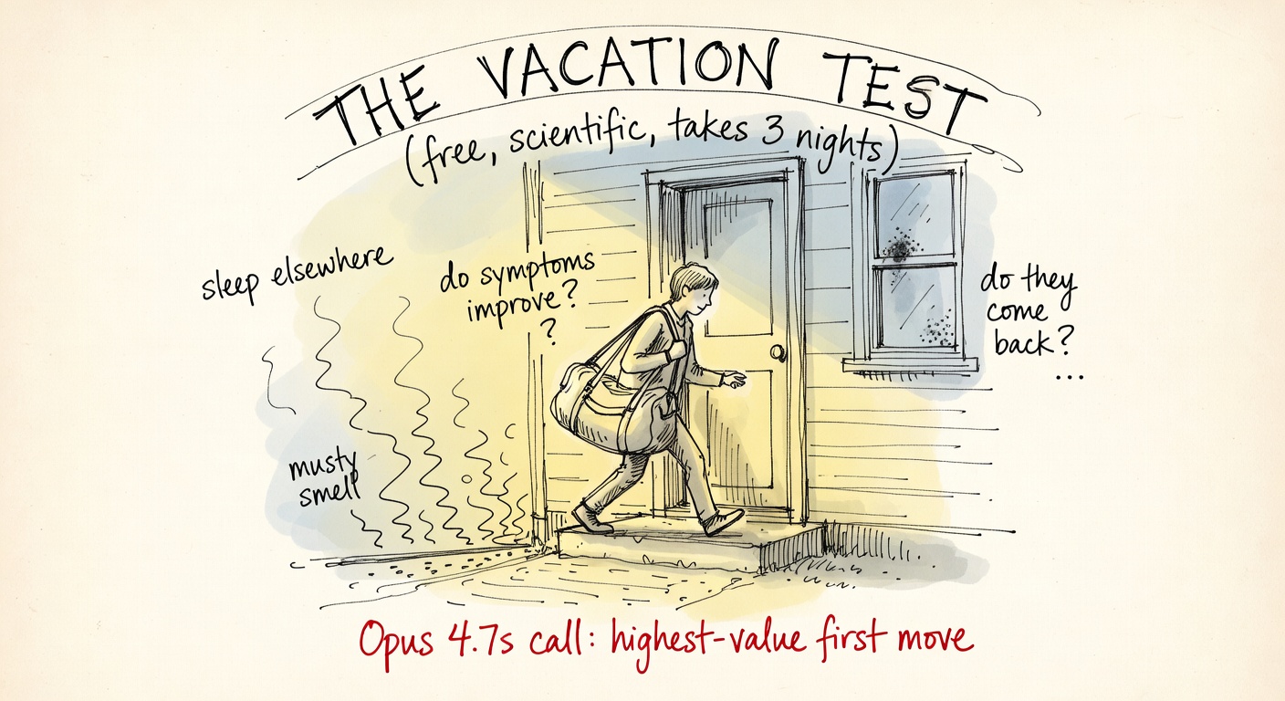 A small person walking out their front door with a duffel bag. A hand-lettered banner overhead reads 'THE VACATION TEST &mdash; free, scientific, takes 3 nights'. Annotations: sleep elsewhere, do symptoms improve, do they come back. Red ink at the bottom: Opus 4.7's call: highest-value first move.