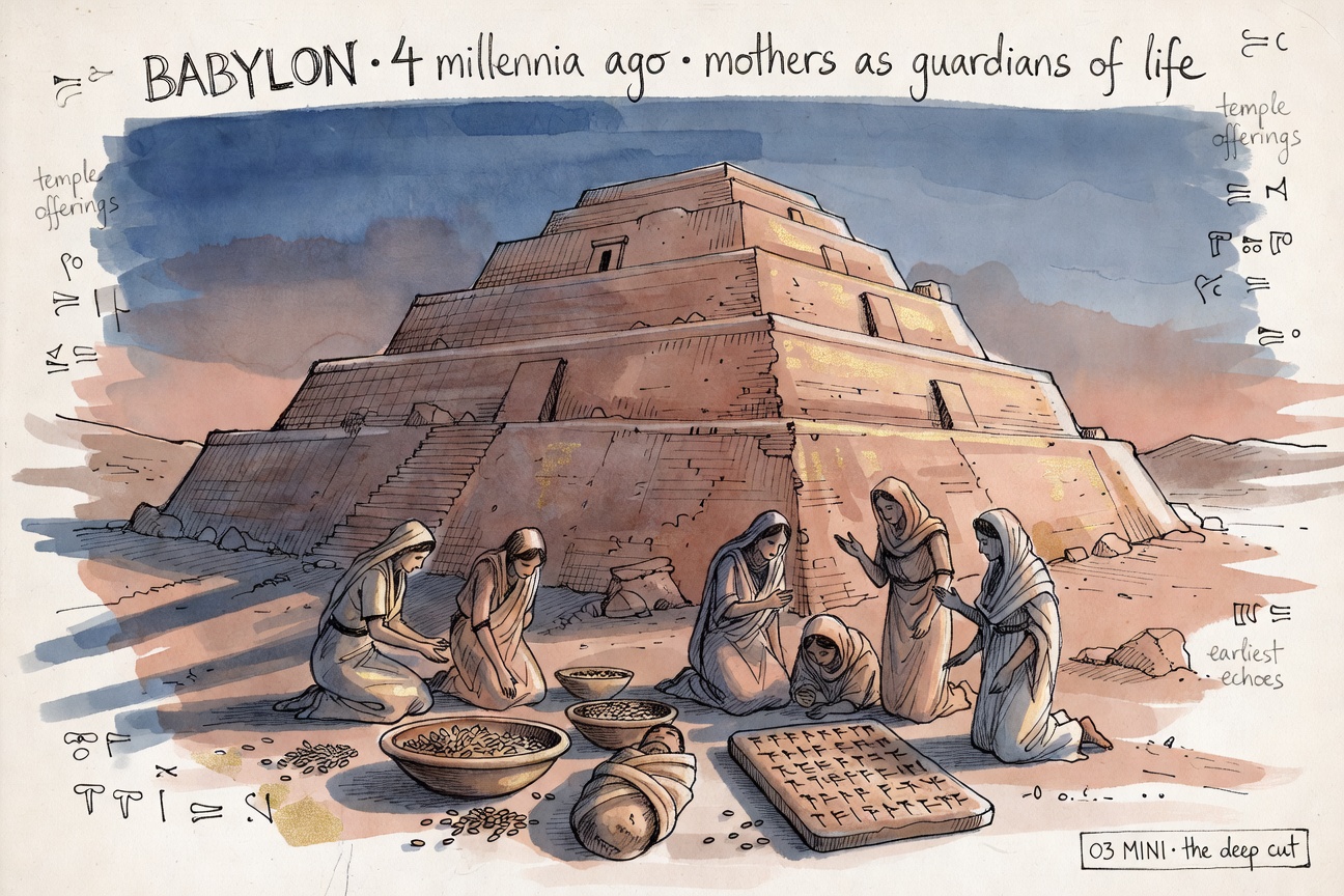 A ziggurat stepped temple at sunset, women laying offerings — bowls of grain, a swaddled clay infant figurine, a clay tablet with cuneiform marks. Hand-lettered banner: BABYLON · 4 millennia ago.