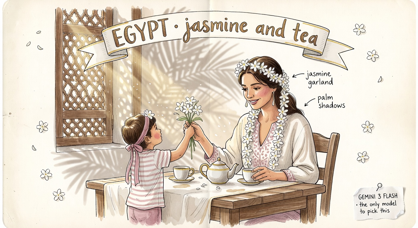 A jasmine-garlanded mother in modern Cairo at a tea table, a child handing her jasmine flowers, palm shadows on the wall, soft light through fretwork.