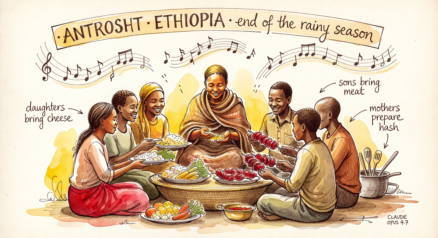 A multi-day Ethiopian family feast scene, a circle of people around a low table, mother in the center receiving offerings of cheese, vegetables, meat, ancestral songs as floating notes.