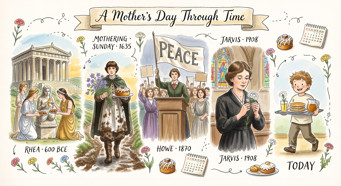 A wide sketchbook spread of Mother's Day across the ages — Greek temple, English servant, Boston podium, Anna Jarvis with a white carnation, and a child today carrying a wobbling breakfast tray.