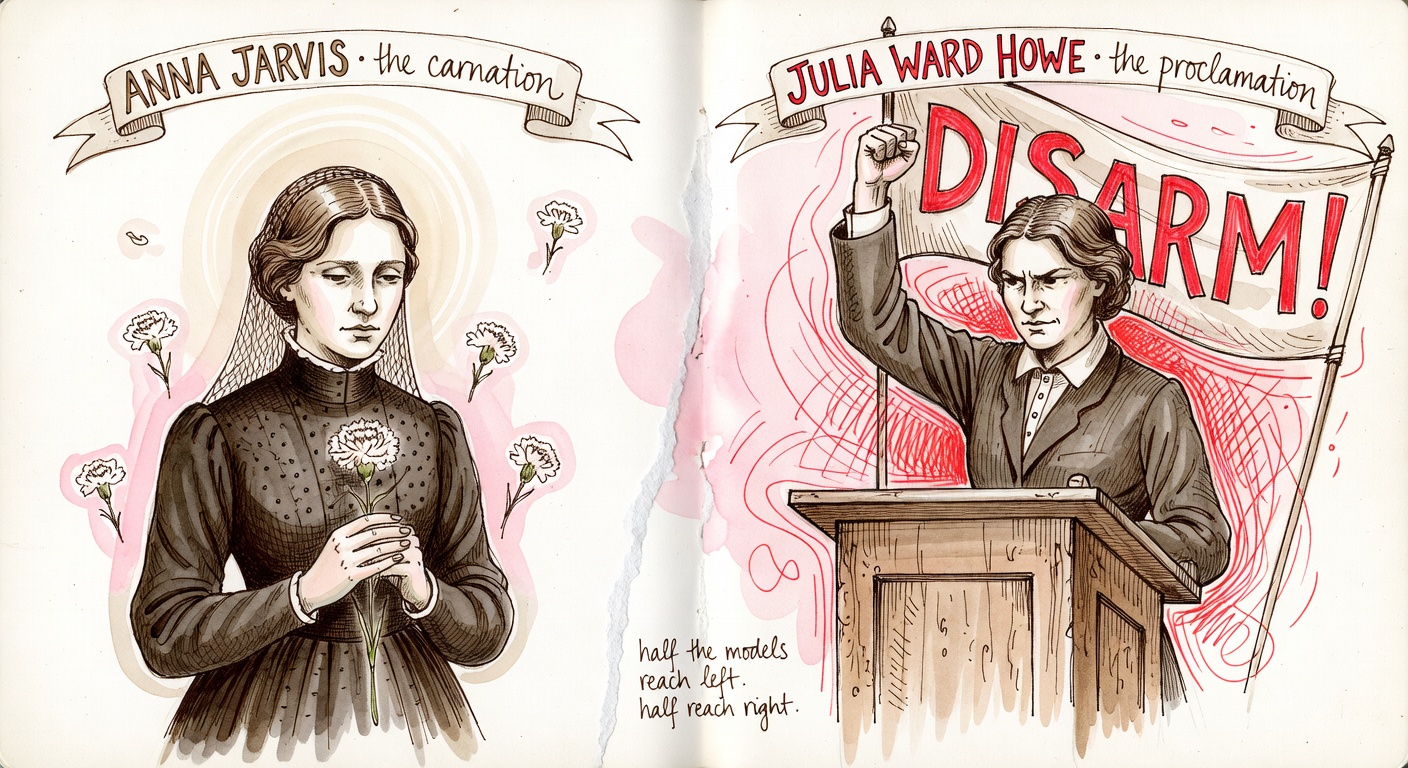 A split sketchbook spread, two portraits divided by a torn-paper seam. Left: Anna Jarvis in 1908 mourning dress with a single white carnation. Right: Julia Ward Howe at a Boston podium with a peace banner reading DISARM. Hand-lettered note: half the models reach left, half reach right.