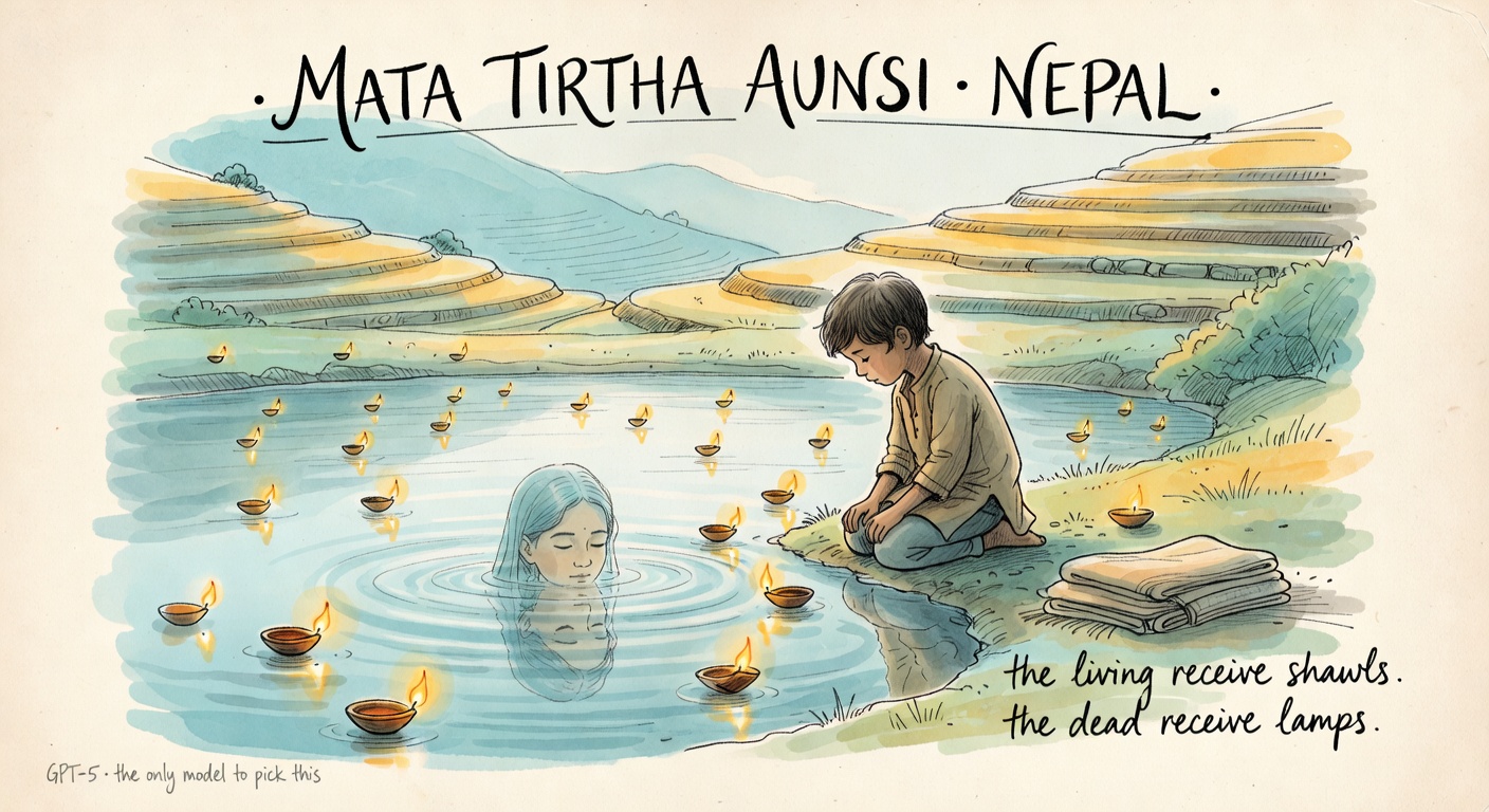 A child kneeling beside a still pool of water in a Nepalese hill landscape, looking down at a rippling reflection of a mother's face. Floating oil lamps drift on the water.