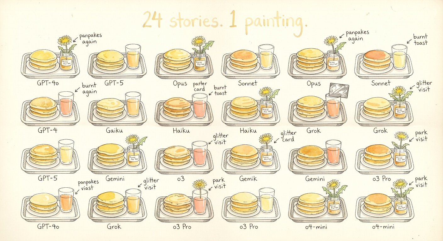 A grid of 24 nearly identical breakfast trays in a sketchbook, each labeled with a different LLM name. Every tray has lopsided pancakes, a glass of orange juice, a small flower in a jam jar. Hand-lettered title above: 24 stories. 1 painting.
