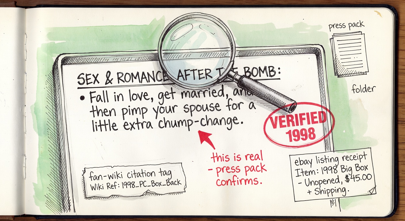 An extreme close-up sketch of the back cover of a 1998 PC big-box game with a magnifying glass over a marketing bullet, red ink annotations reading 'this is real - press pack confirms' and 'VERIFIED 1998', floating doodles of a press pack folder, a fan-wiki citation tag, and an eBay receipt.