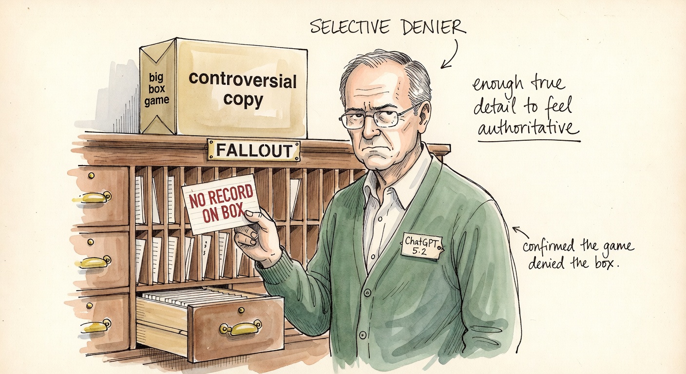 Sketch of a conservative librarian in spectacles labeled ChatGPT 5.2, holding an index card stamped NO RECORD ON BOX, while behind him a Fallout big-box game with the controversial copy plainly printed sits on a shelf he isn't looking at.