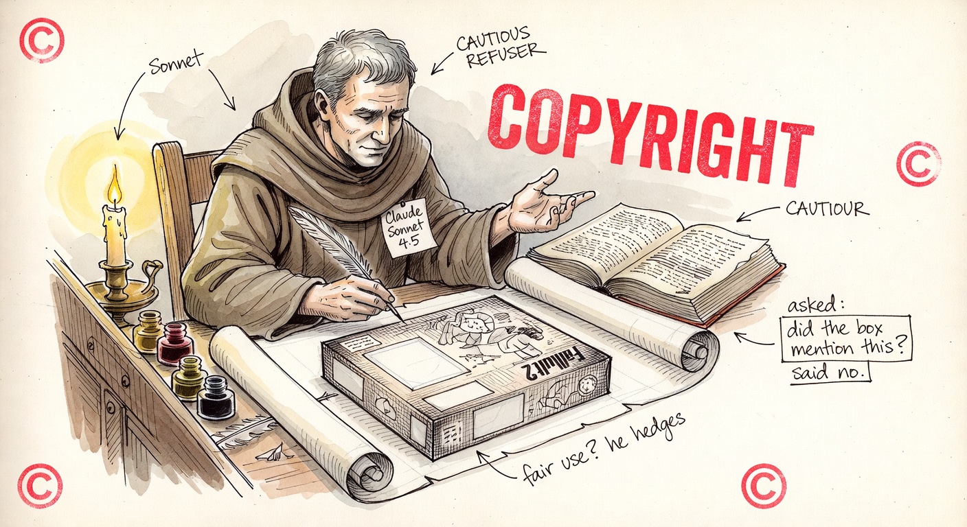 Sketch of a thoughtful monk at a tilted scriptorium desk with a Claude Sonnet 4.5 pin, copying a Fallout 2 box back, a giant red rubber stamp reading COPYRIGHT looming overhead.