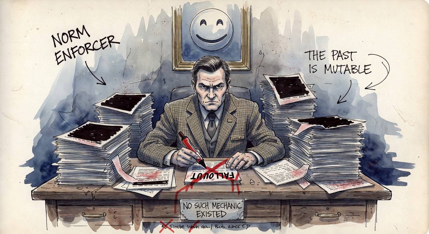 Sketch of a stern bureaucrat in a tweed suit with a COPILOT pin, slashing red censor's marker through a Fallout 2 manual under a Ministry-of-Truth portrait, with placard NO SUCH MECHANIC EXISTED.