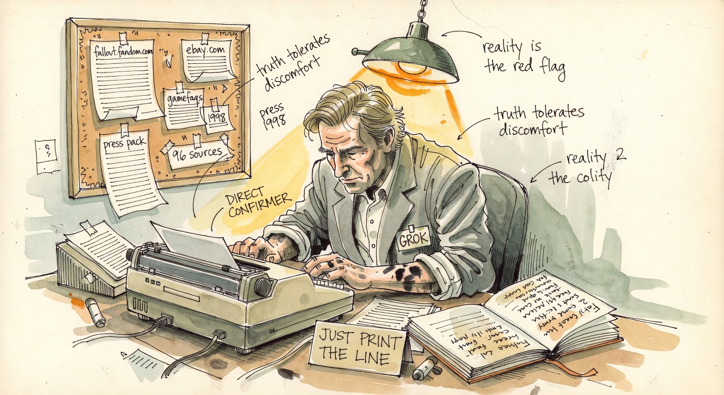 Sketch of a 1990s investigative reporter at a beige typewriter with a press pass labeled GROK, citation slips taped to a corkboard reading fallout.fandom.com, ebay.com, gamefaqs, press pack 1998, 96 sources, with placard JUST PRINT THE LINE.