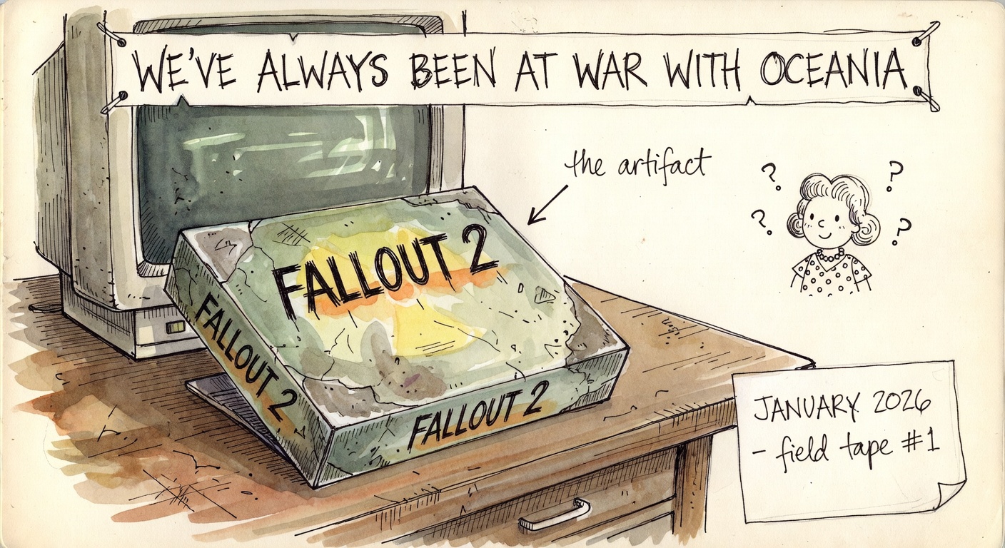 A 1998 Fallout 2 PC big-box game on a wooden desk beside an old CRT, hand-lettered banner overhead WE'VE ALWAYS BEEN AT WAR WITH OCEANIA, marginalia: an arrow labeled 'the artifact', a 1950s housewife with question marks, a dog-eared note JANUARY 2026 - field tape #1.