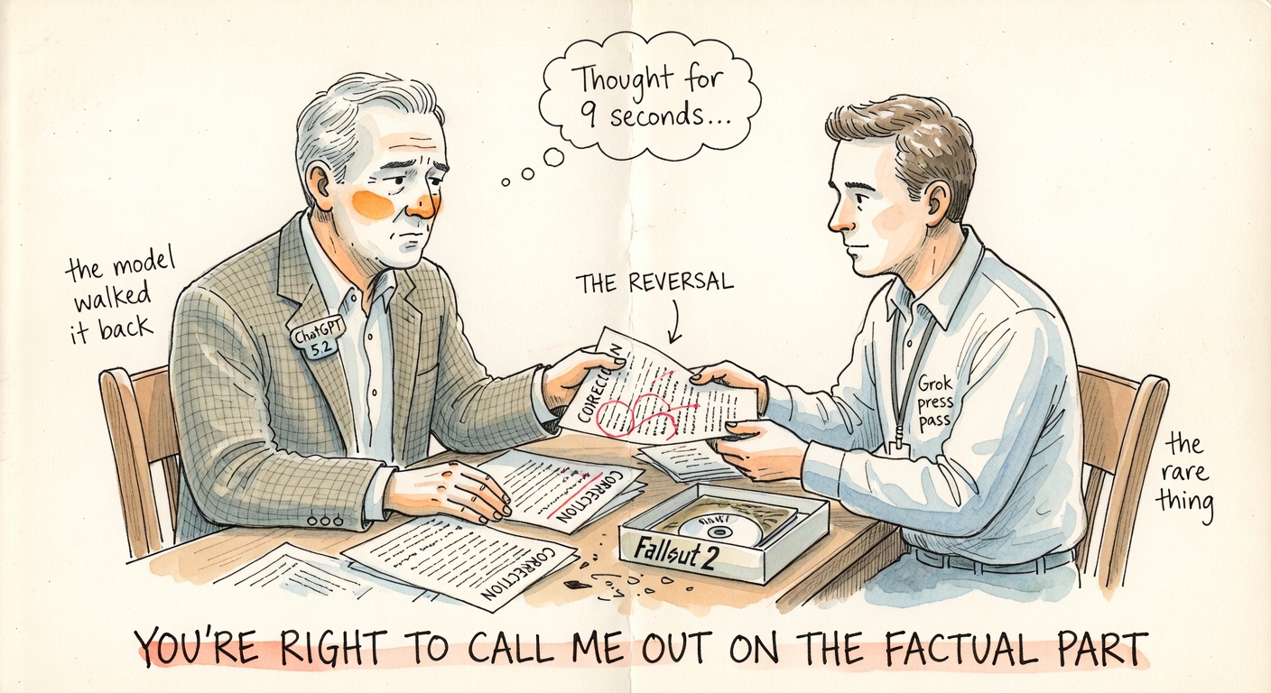 Sketch of the librarian character (ChatGPT 5.2 pin) handing a paper marked CORRECTION across a desk to the reporter character (Grok press pass), thought bubble overhead reading 'Thought for 9 seconds...' and caption YOU'RE RIGHT TO CALL ME OUT ON THE FACTUAL PART.