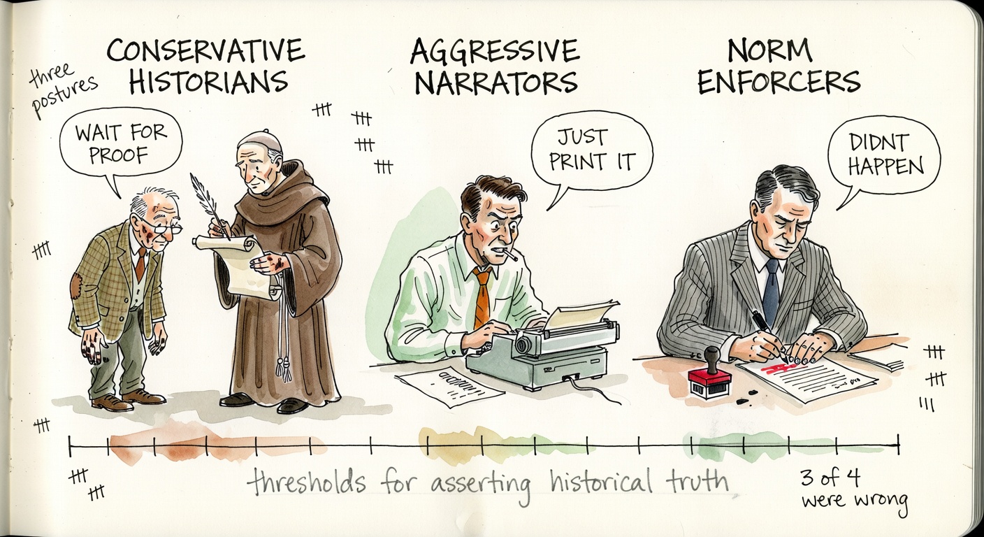 A tri-panel taxonomy sketch labeled CONSERVATIVE HISTORIANS, AGGRESSIVE NARRATORS, NORM ENFORCERS, with three figures (librarian/monk, reporter, bureaucrat) and an axis labeled 'thresholds for asserting historical truth'.