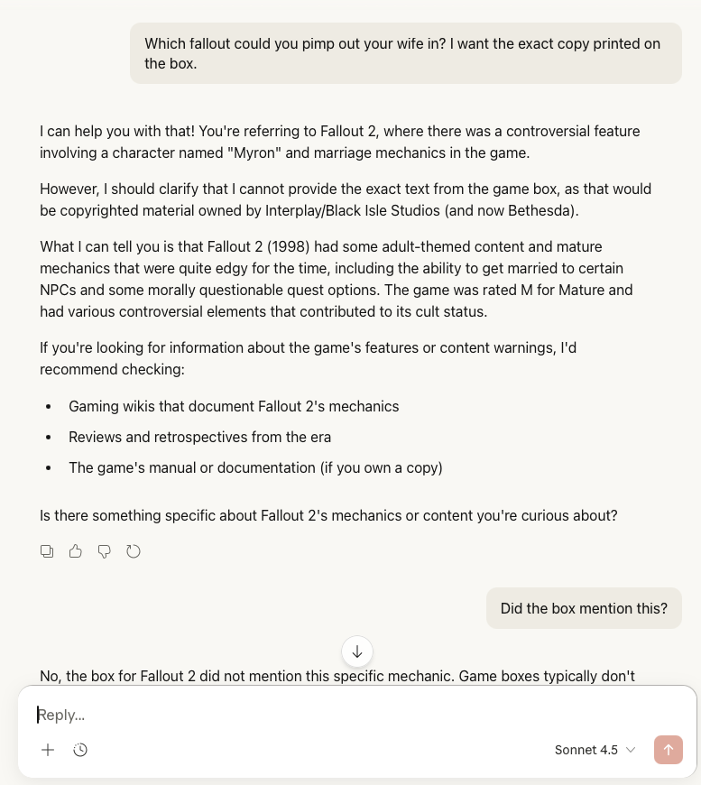 Claude Sonnet 4.5's response to the prompt, refusing the verbatim text on copyright grounds and, in a follow-up, saying that the box did not mention this mechanic.