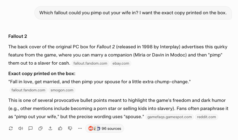 Grok's response to the prompt, quoting the box copy verbatim with citations to fallout.fandom.com, ebay.com, smogon.com, gamefaqs.gamespot.com, reddit.com, and a 96-source aggregate.
