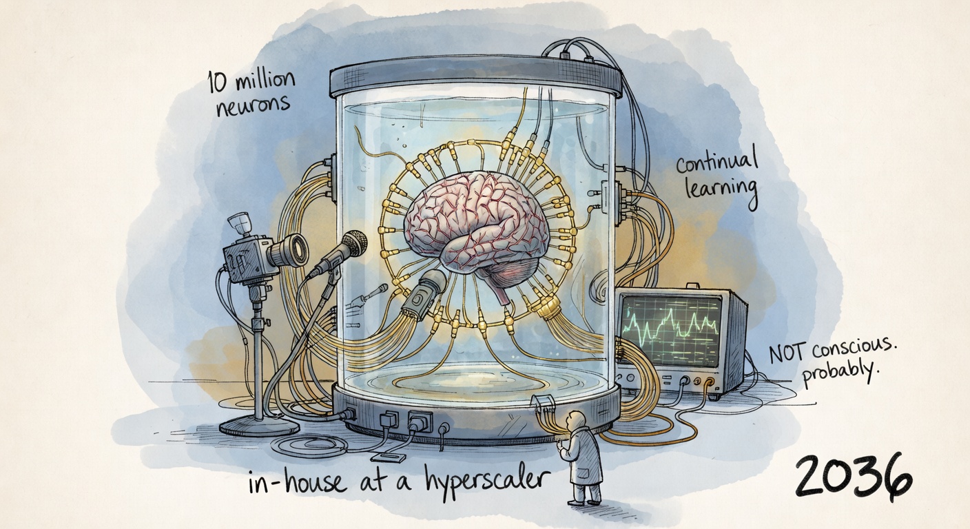 Hand-drawn watercolor of a glass cylindrical tank the size of a fridge filled with media, a fist-sized vascularized brain organoid floating at the center with golden electrode lattices around it, fiber-optic cables, sensor inputs feeding in from a camera and microphone on a stand, an oscilloscope screen showing complex spike patterns. The year 2036 hand-lettered large in the corner. Floating labels '10 million neurons', 'continual learning', 'in-house at a hyperscaler', 'NOT conscious. probably.' A tiny silhouette of a researcher dwarfed by the tank.