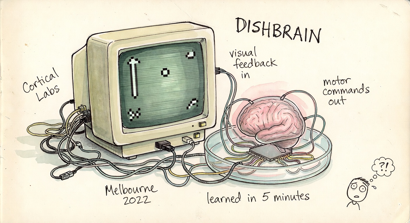 Hand-drawn watercolor of a CRT monitor showing a Pong game in chunky retro pixels, with a wire running out of the back into a glass dish where a pink brain organoid is wired up on a chip — cables connecting visual feedback in and motor commands out. Floating annotations 'DISHBRAIN', 'Cortical Labs', 'Melbourne 2022', 'learned in 5 minutes'. A tiny doodle of a confused human gamer in the corner with a thought bubble.