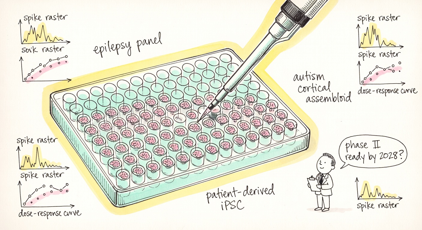 Hand-drawn watercolor of a 96-well plate seen from above, each well containing a tiny pink brain organoid, a robotic pipette arm reaching down to dose them. Floating labels 'epilepsy panel', 'autism cortical assembloid', 'patient-derived iPSC'. A doodle of a pharma executive with a clipboard saying 'phase II ready by 2028?'. Tiny graphs of spike rasters and dose-response curves in the margins.