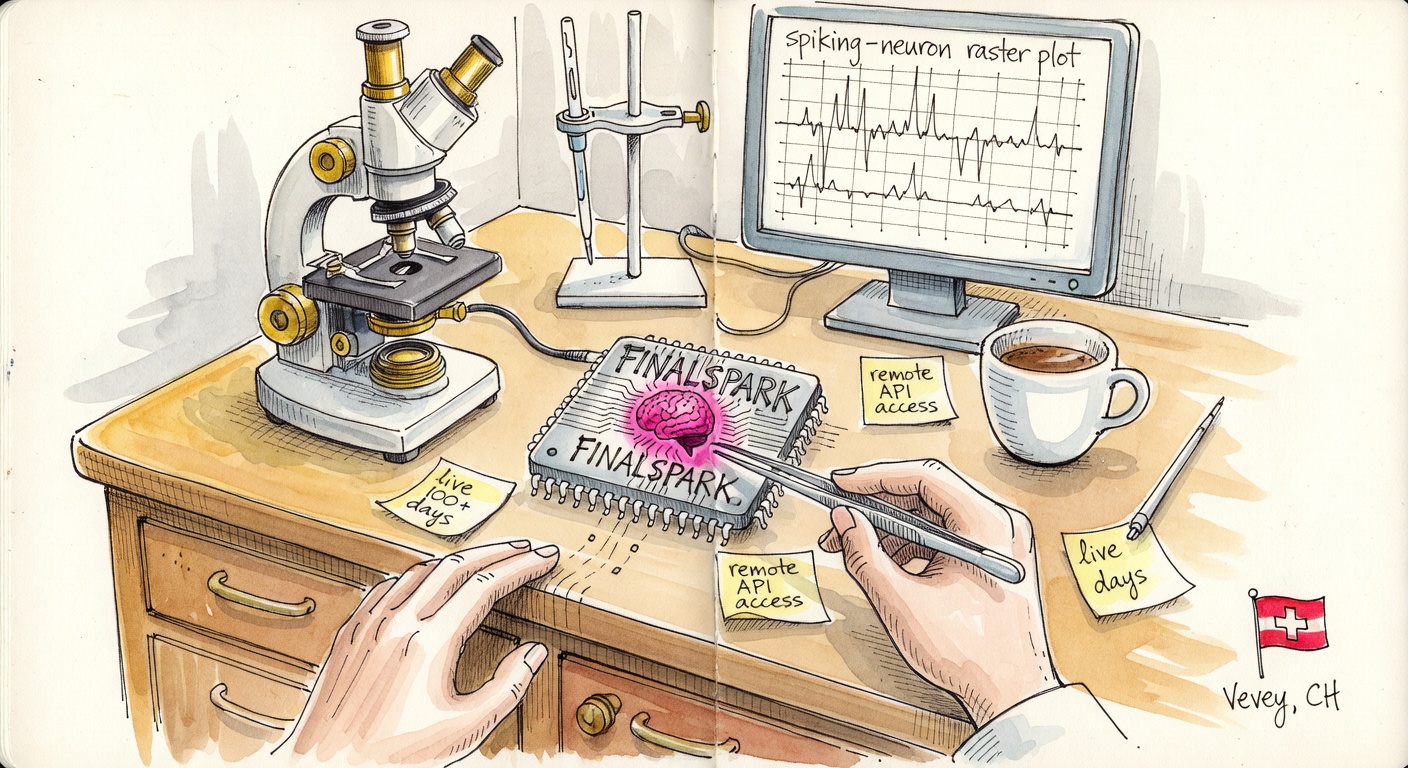 Hand-drawn watercolor of a tidy Swiss laboratory bench: pipette, microscope, monitor showing a spiking-neuron raster plot, a coffee cup, and at center stage a microelectrode array chip labeled FINALSPARK in loose hand lettering, housing a tiny pink organoid. A small swiss flag pin and Vevey CH scribbled in the margin. Doodled post-it notes read 'live 100+ days' and 'remote API access'.