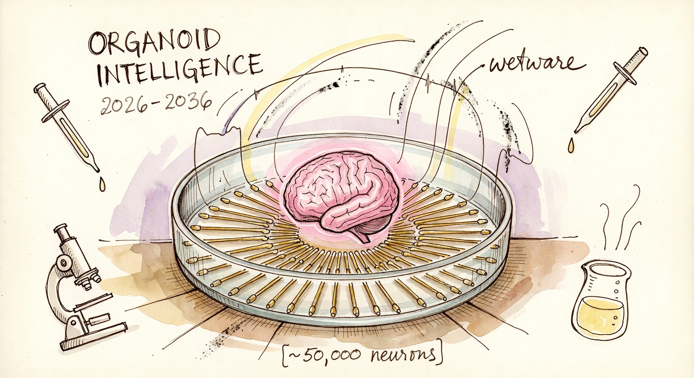 Hand-drawn watercolor of a tiny pink brain organoid sitting in a glass petri dish on a golden microelectrode array, fine electrode tines fanning underneath like a sea-urchin radial pattern, oscilloscope trace curving up into the air. Hand-lettered title ORGANOID INTELLIGENCE 2026-2036. Tiny doodled lab tools — pipette, microscope, beaker — in the margins. A label at the bottom reads ~50,000 neurons.