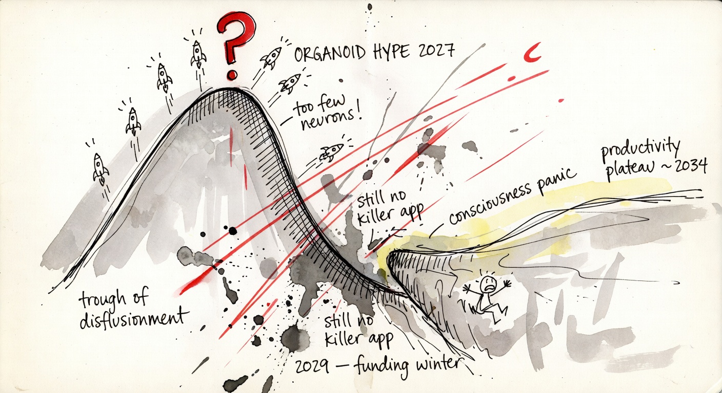 Hand-drawn watercolor Gartner-style hype curve drawn loose by hand, the line shooting up to a peak labeled ORGANOID HYPE 2027 with rocket doodles, then crashing into a 'trough of disillusionment' labeled 2029 — funding winter, then climbing back to 'productivity plateau ~2034'. A tiny doodle of a researcher slipping off the cliff with arms flailing. Scribbled annotations: 'too few neurons!', 'still no killer app', 'consciousness panic'. A red ink question mark over the peak.