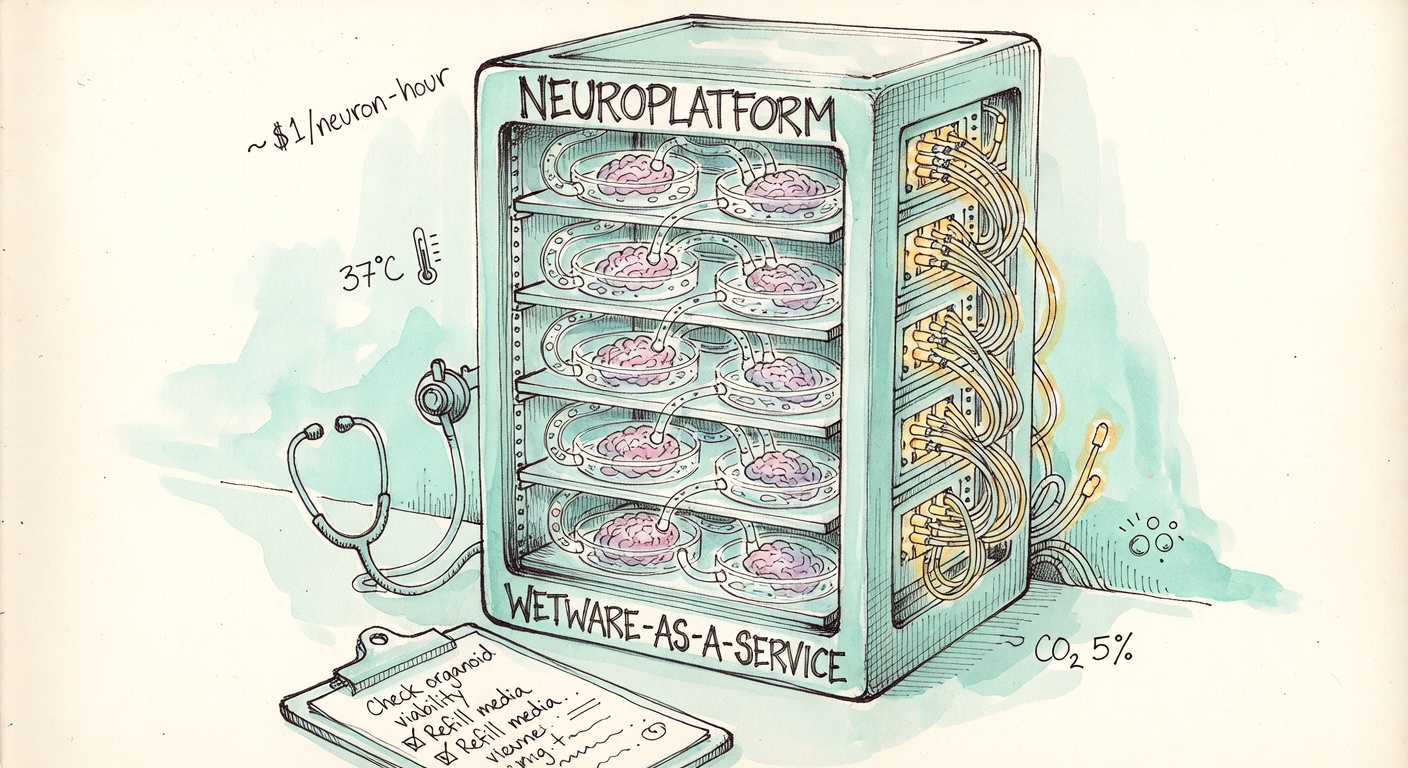 Hand-drawn watercolor of a server rack but instead of GPUs it's a stack of incubator-trays each holding a glass dish with a pink-purple brain organoid, tubes carrying nutrient media in and out, fiber-optic cables glowing along the side. The whole rack labeled NEUROPLATFORM and WETWARE-AS-A-SERVICE. Floating annotations '~$1/neuron-hour', '37°C', 'CO₂ 5%'. A tiny stethoscope hanging from a hook. A technician's clipboard with a checklist drawn loose in the foreground.