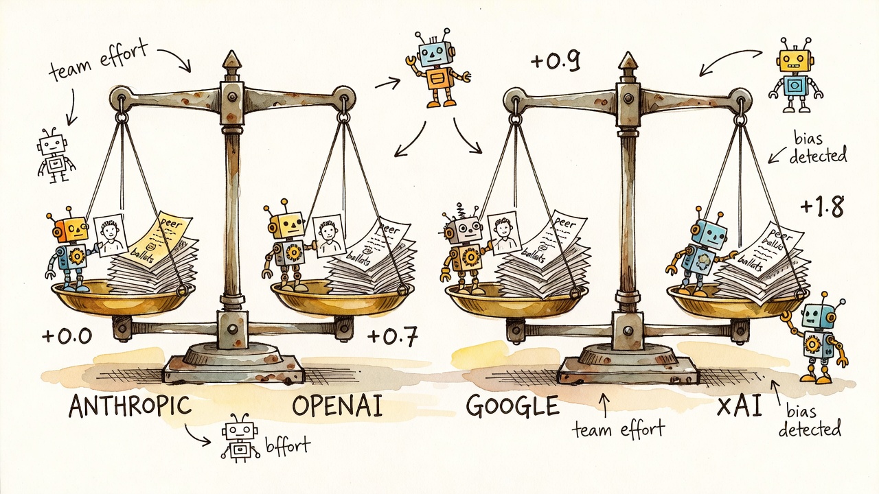 Four balance scales labeled Anthropic, OpenAI, Google, and xAI, tipping progressively further, with the xAI robot pressing its thumb on the scale