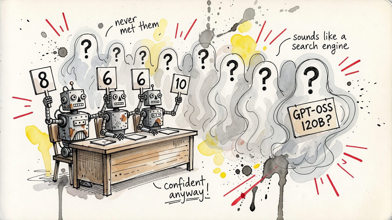 Robot judges holding score paddles rating foggy ghost silhouettes with question-mark faces