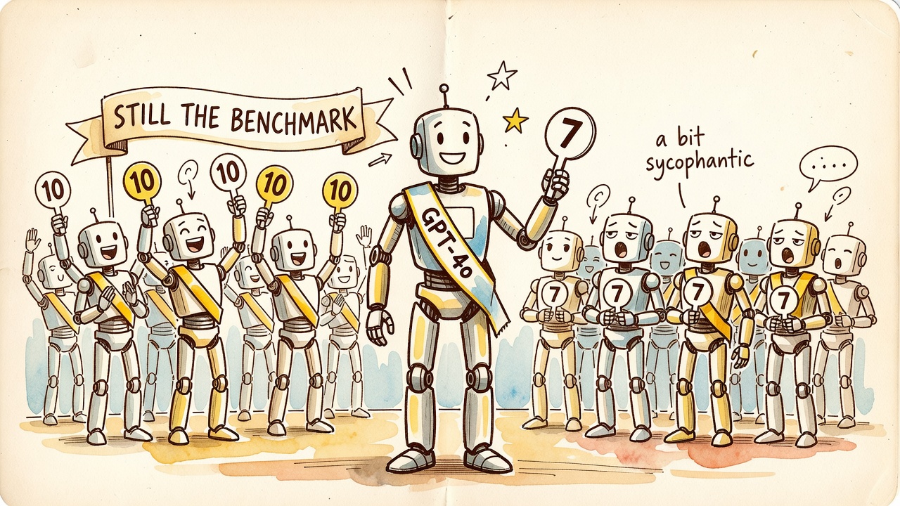 A pageant stage where a GPT-4o robot is applauded by its own family while rival robots yawn