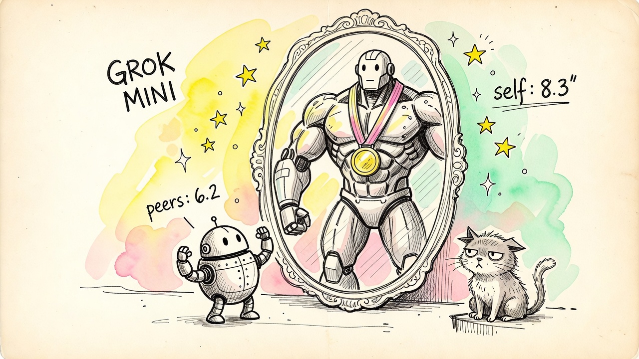A tiny robot labeled Grok Mini flexing before a funhouse mirror showing a giant muscular champion