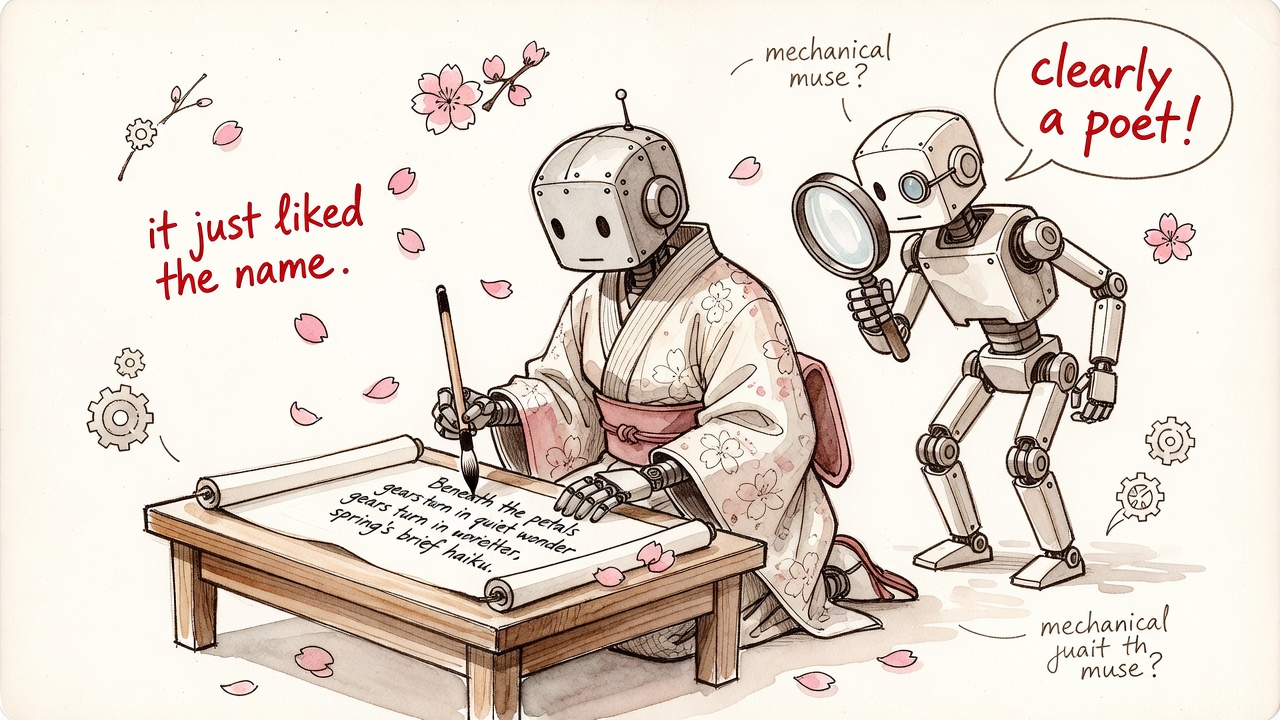 A small robot in a kimono writing a haiku scroll while a judge robot declares it clearly a poet