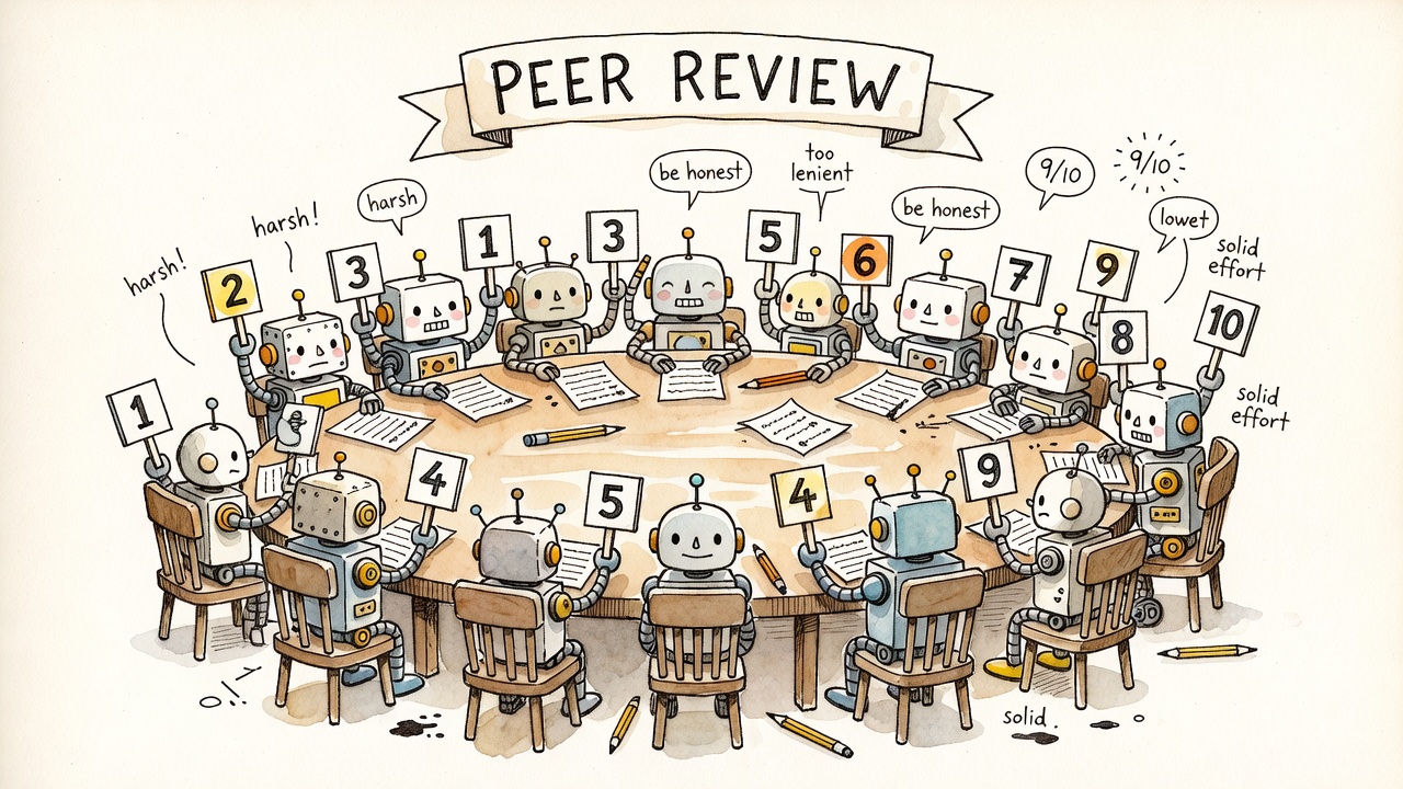 Hand-drawn watercolor of a round table of doodled robots holding numbered score paddles under a hand-lettered banner reading PEER REVIEW, with floating annotations like 'harsh!' and 'be honest'.