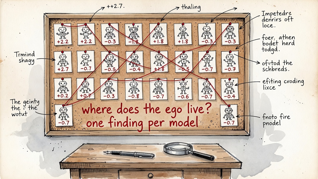 A corkboard wall of 21 pinned index cards with robot portraits and red-ink delta numbers connected by red string