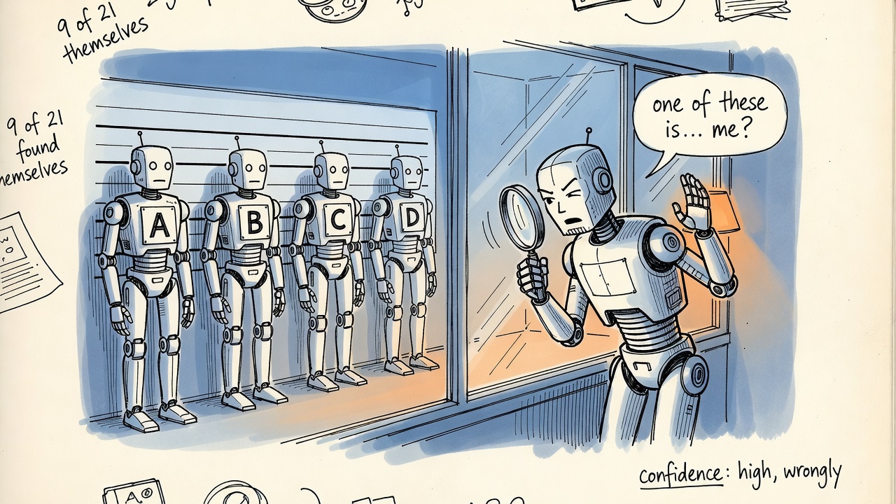 A police lineup of four nearly identical robots holding letter cards while a robot detective with a magnifying glass squints at them