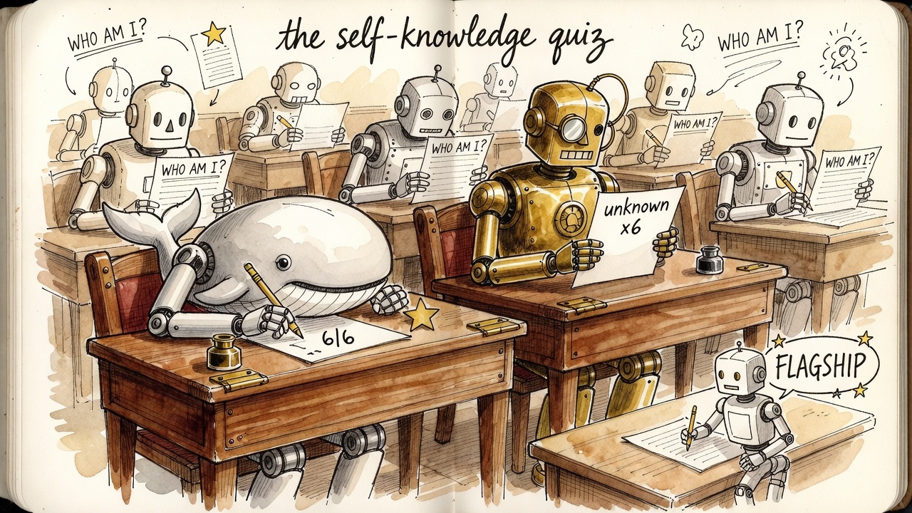 An exam hall of robots taking a test titled Who Am I, a whale robot scoring 6/6, a monocled robot turning in a blank sheet, a tiny robot writing FLAGSHIP