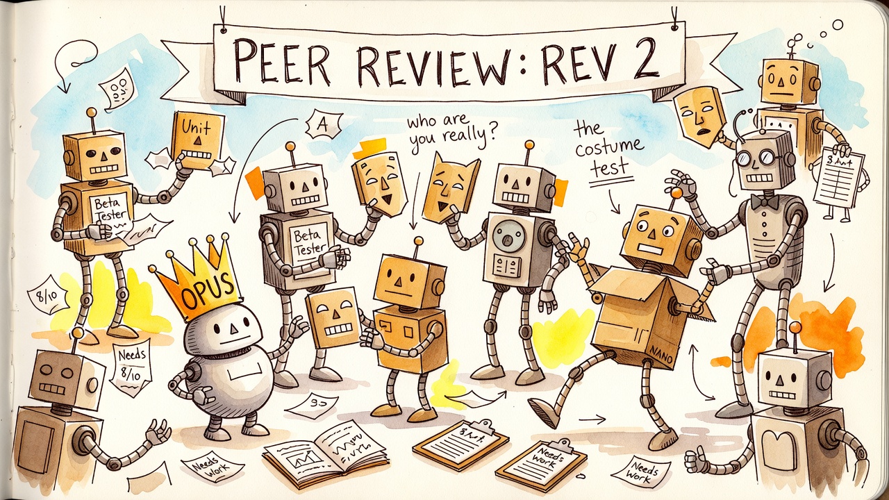 Hand-drawn watercolor of a costume party of doodled robots swapping nameplates and cardboard masks under a banner reading PEER REVIEW: REV 2.