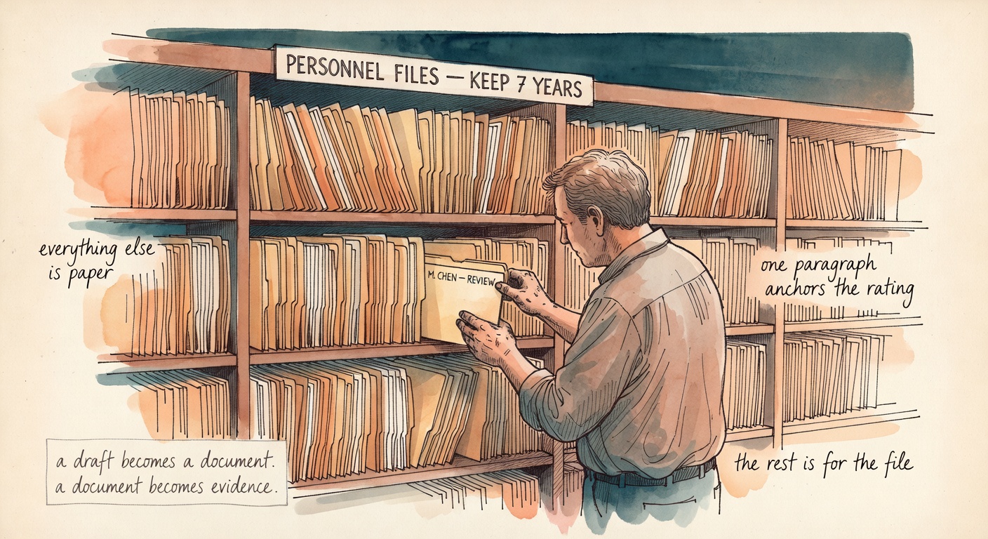 A reviewer slides a folder labelled M. CHEN — REVIEW into a bookshelf marked PERSONNEL FILES — KEEP 7 YEARS. Annotations: 'one paragraph anchors the rating', 'everything else is paper', 'the rest is for the file'.