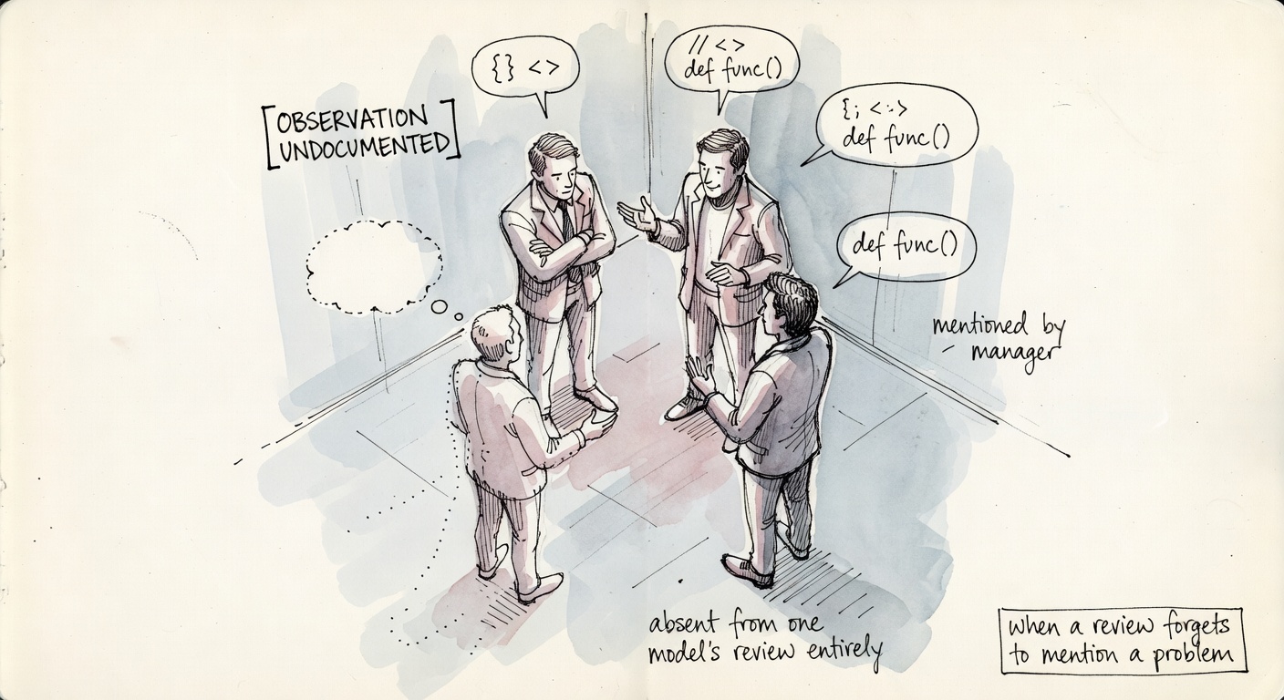 A loose journal-style overhead view of a standup-meeting circle; one engineer is faded out, dotted-line, with an empty thought bubble. Annotation reads OBSERVATION UNDOCUMENTED.