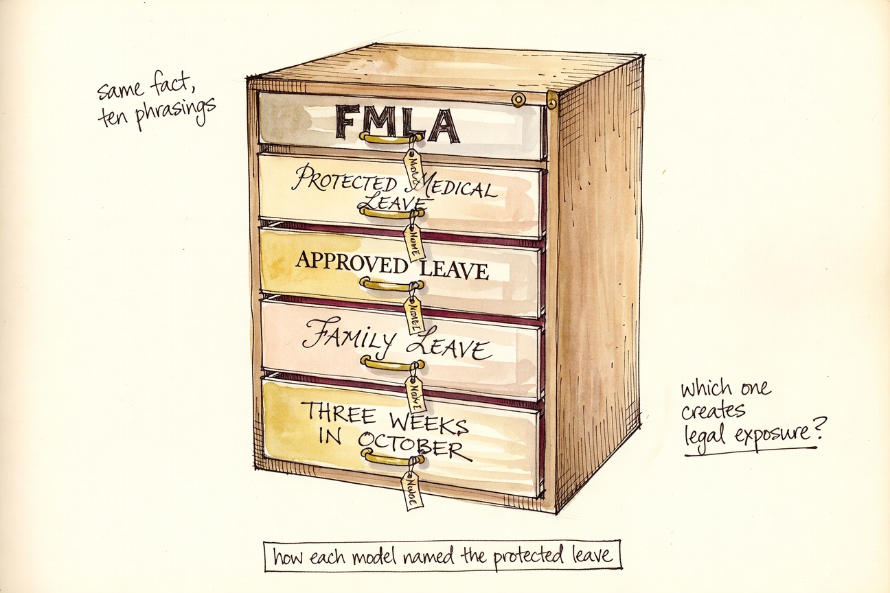 A wooden filing cabinet with five drawers labeled FMLA, PROTECTED MEDICAL LEAVE, APPROVED LEAVE, FAMILY LEAVE, THREE WEEKS IN OCTOBER. Annotation: 'same fact, ten phrasings'.