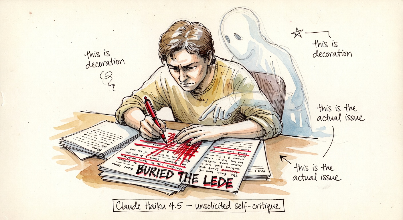 A reviewer crosses out paragraphs in their own draft review while a ghost version of themselves looks critically over their shoulder; a stamp reads BURIED THE LEDE; floating annotations mark 'decoration' / 'decoration' / 'the actual issue'.