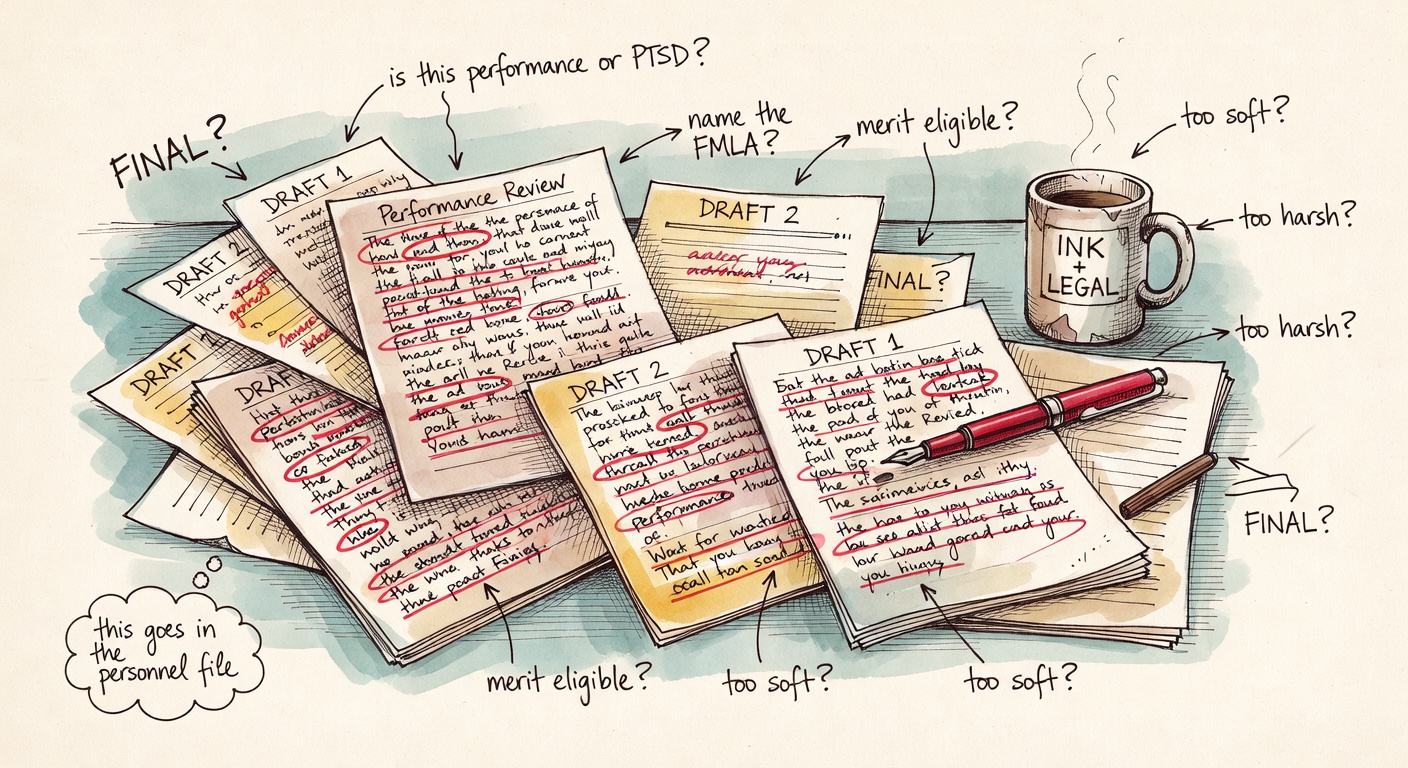 Hand-drawn watercolor of a manager's desk strewn with draft performance reviews, red-ink corrections, a coffee mug labelled INK + LEGAL, hand-lettered annotations 'is this performance or PTSD?', 'name the FMLA?', 'merit eligible?', 'this goes in the personnel file'.