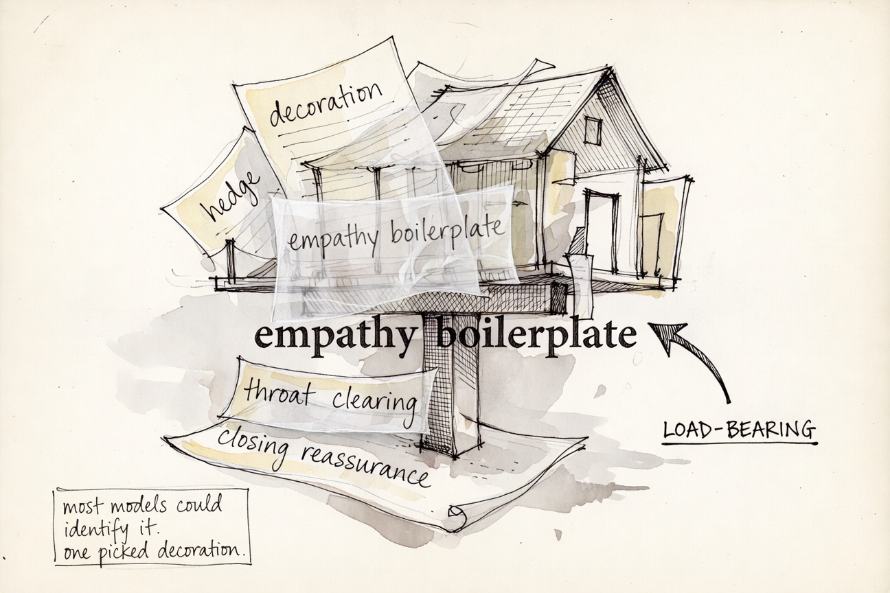 A draft performance review rendered as architecture: ghostly transparent sentences labelled 'decoration', 'hedge', 'empathy boilerplate', 'throat clearing', 'closing reassurance' rest on top of a single solid sentence in the middle labelled LOAD-BEARING.