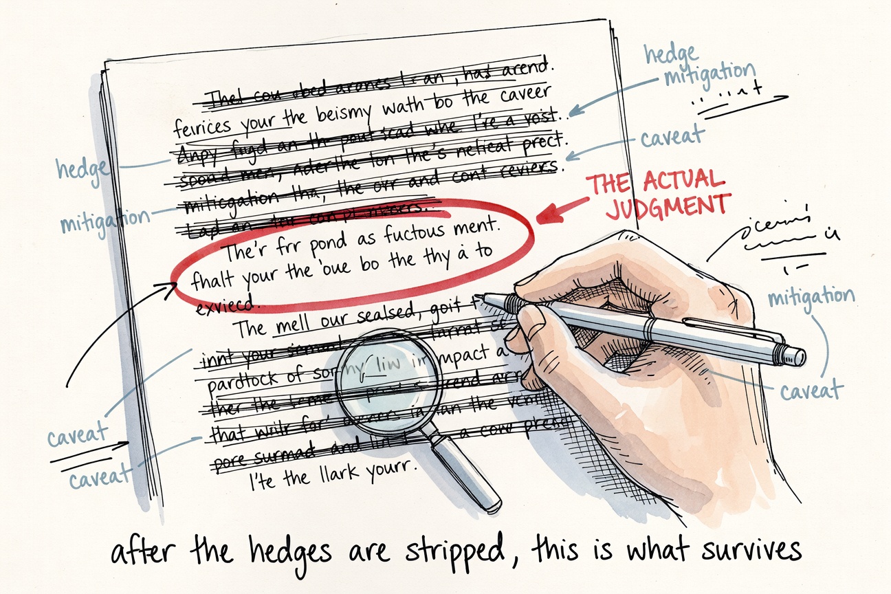 A close-up of a draft performance review with light strikethroughs labeled 'hedge', 'mitigation', 'caveat' around a single sentence circled in red ink and labelled 'THE ACTUAL JUDGMENT'.