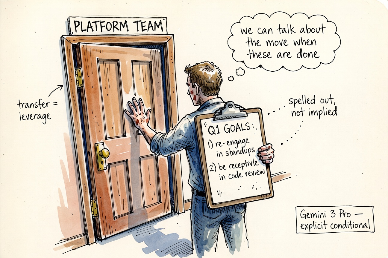 A reviewer-figure stands in front of a door labelled PLATFORM TEAM holding a clipboard listing Q1 goals: 're-engage in standups' and 'be receptive in code review'. A thought bubble reads 'we can talk about the move when these are done'.