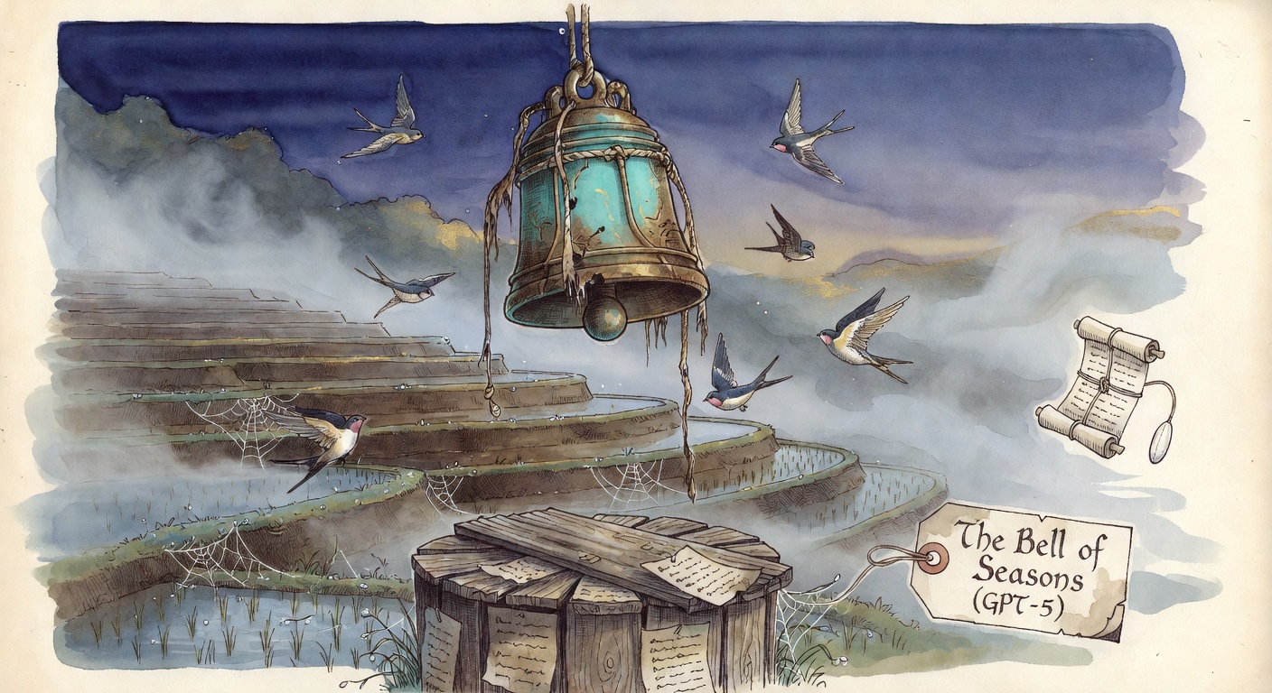 A Bronzong bell hovering above misty rice terraces with swallows wheeling around it.